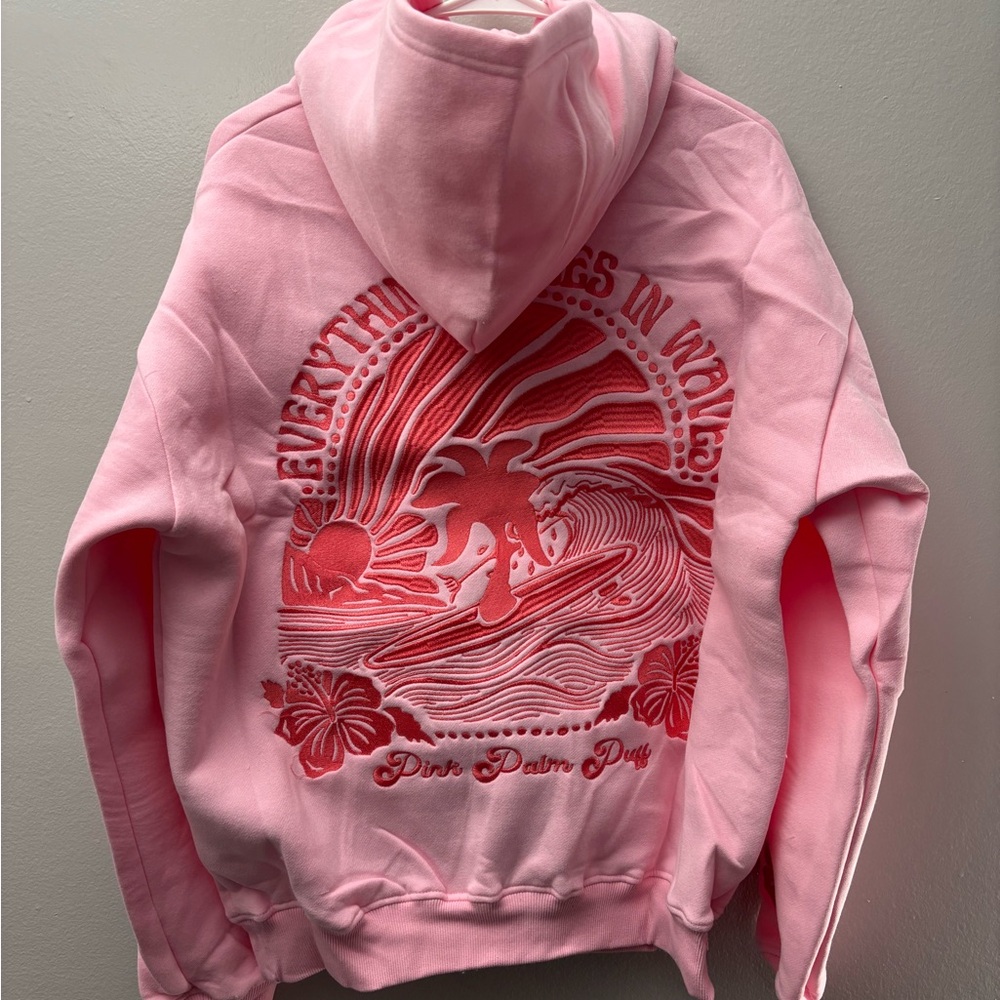 Pink Palm Puff Hoodie Everything Comes In Waves Women Pink Pull Over Hoodie